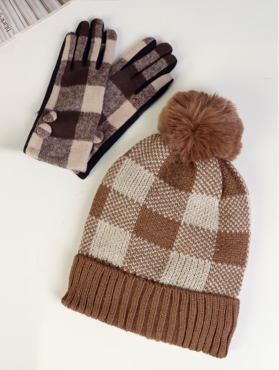 Knitted Checker Hat and Glove Set (HAT1088-03TUP + GL1072-03TUP)